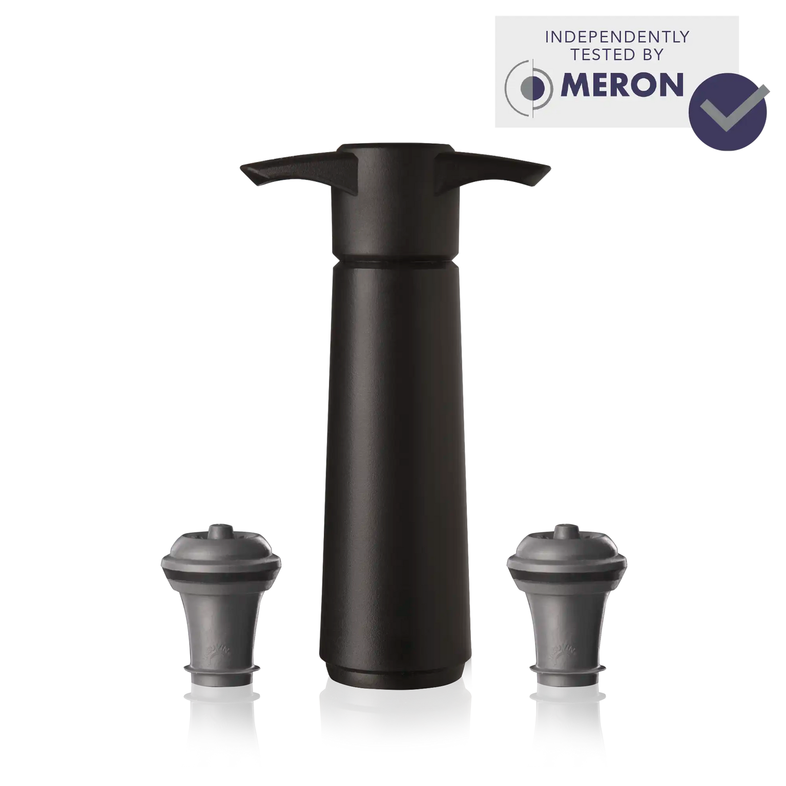 vacu vin wine saver black with 2 stoppers and meron lab test logo