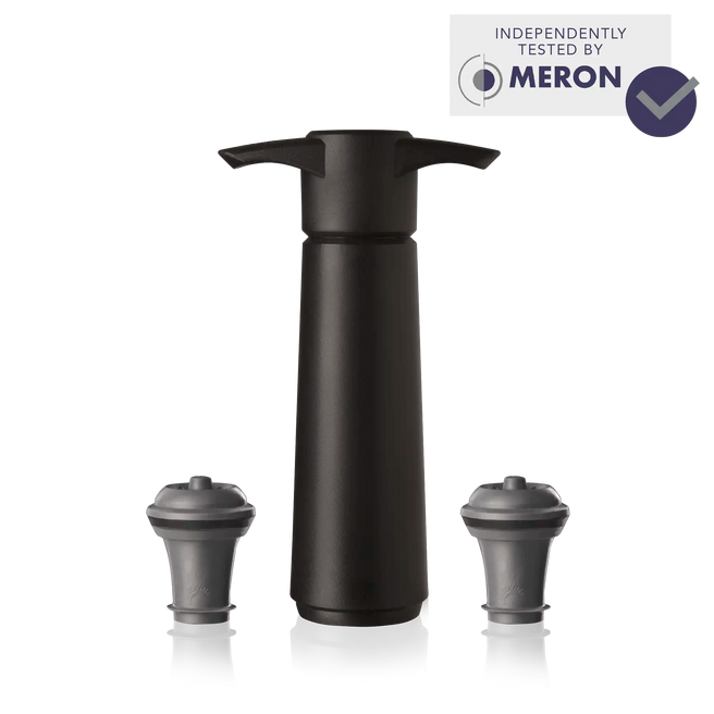 vacu vin wine saver black with 2 stoppers and meron lab test logo
