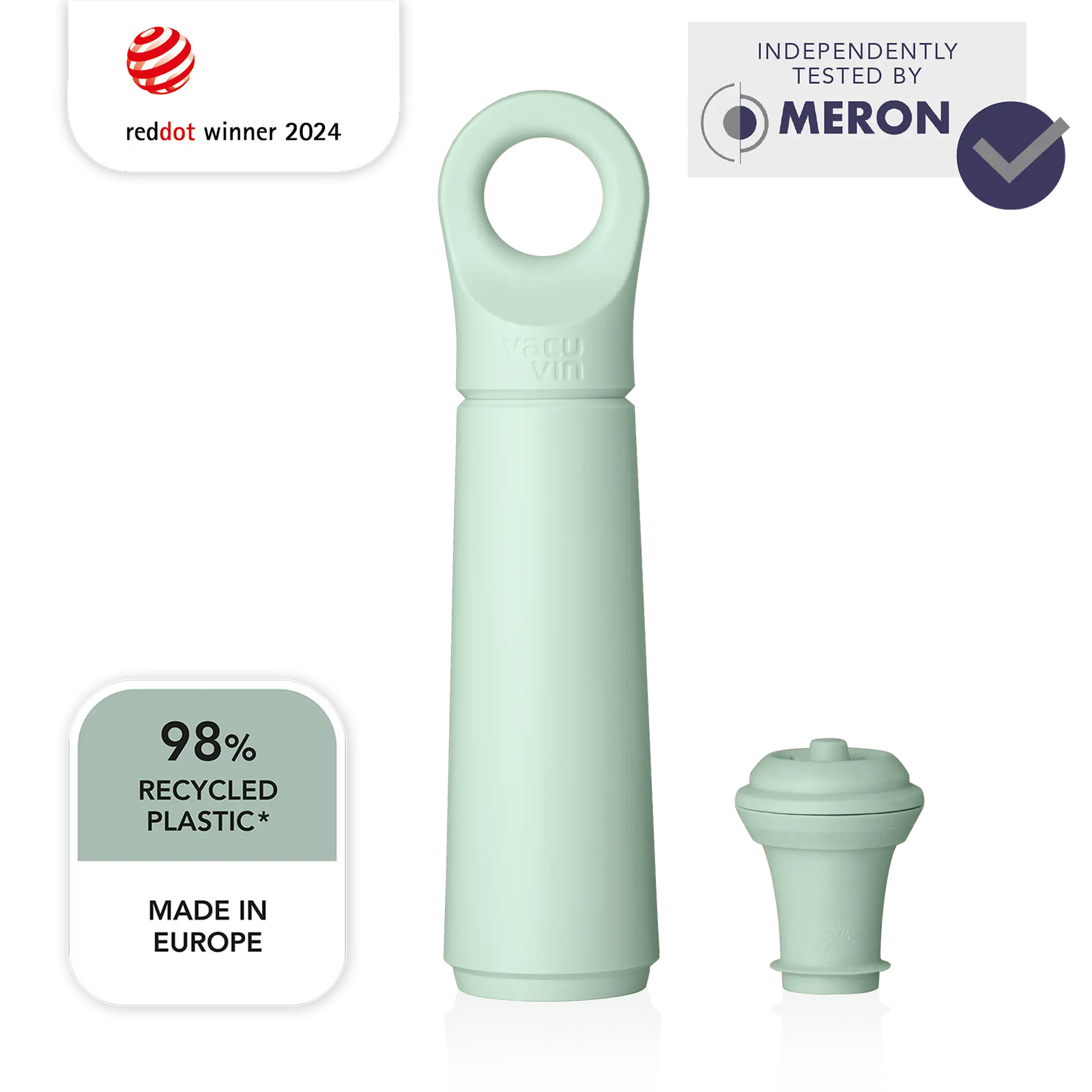 vacu vin wine saver loop jade with 1 stopper and meron lab test logo