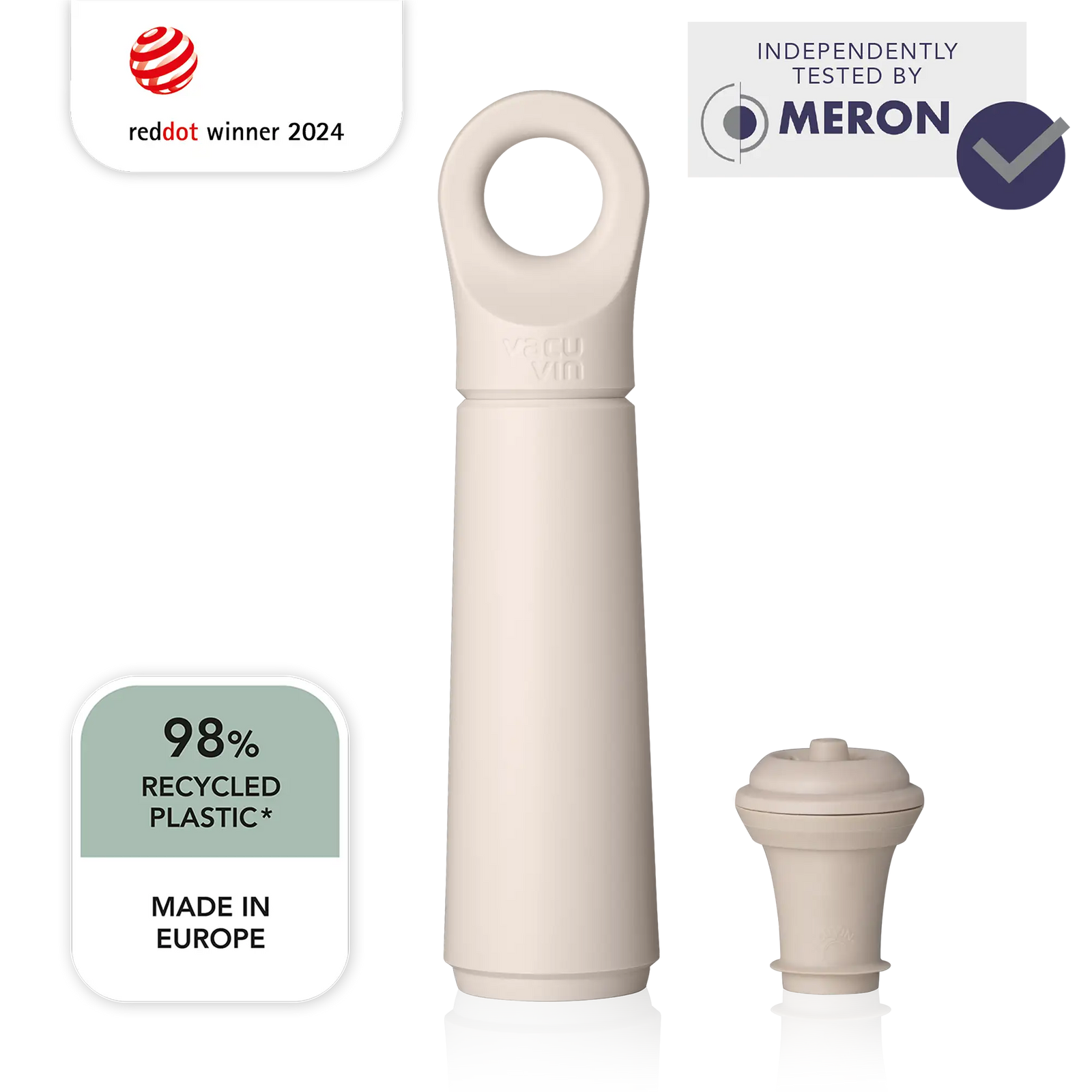 vacu vin wine saver loop with 1 stopper and meron lab test logo
